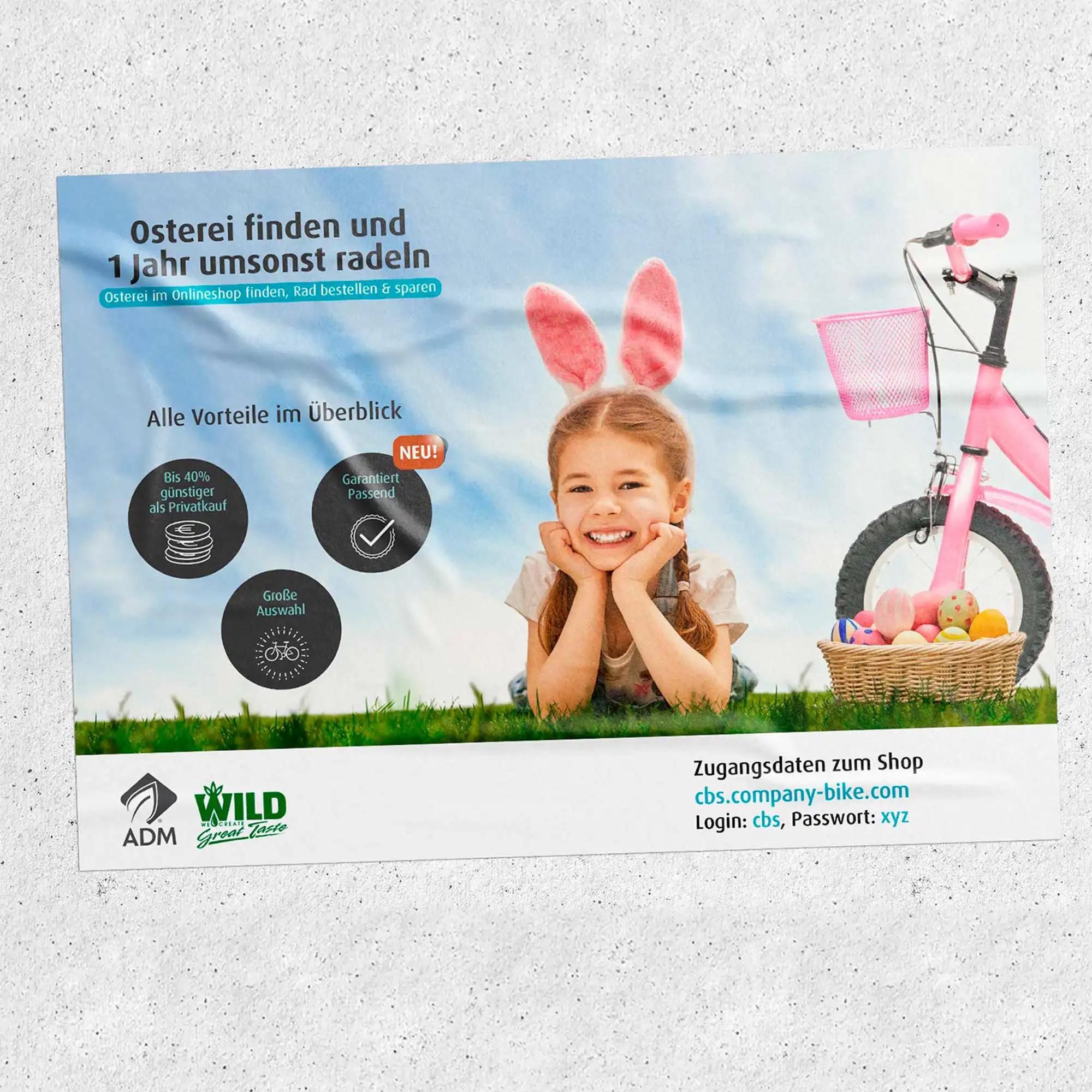 Cartel de Pascua de Company Bike con bicicleta infantil de premio