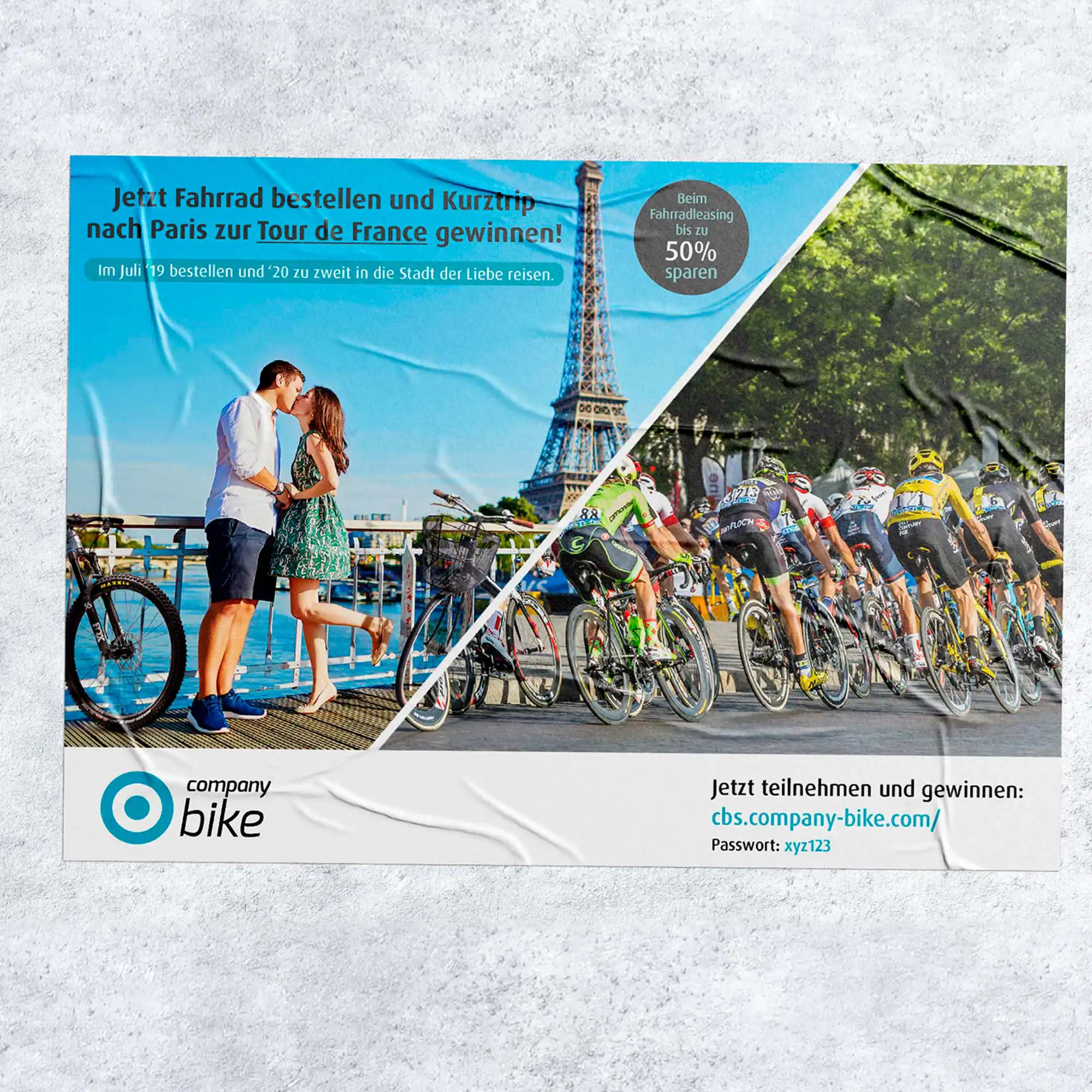 Cartel promocional de Company Bike con sorteo de viaje a París y la Tour de Francia