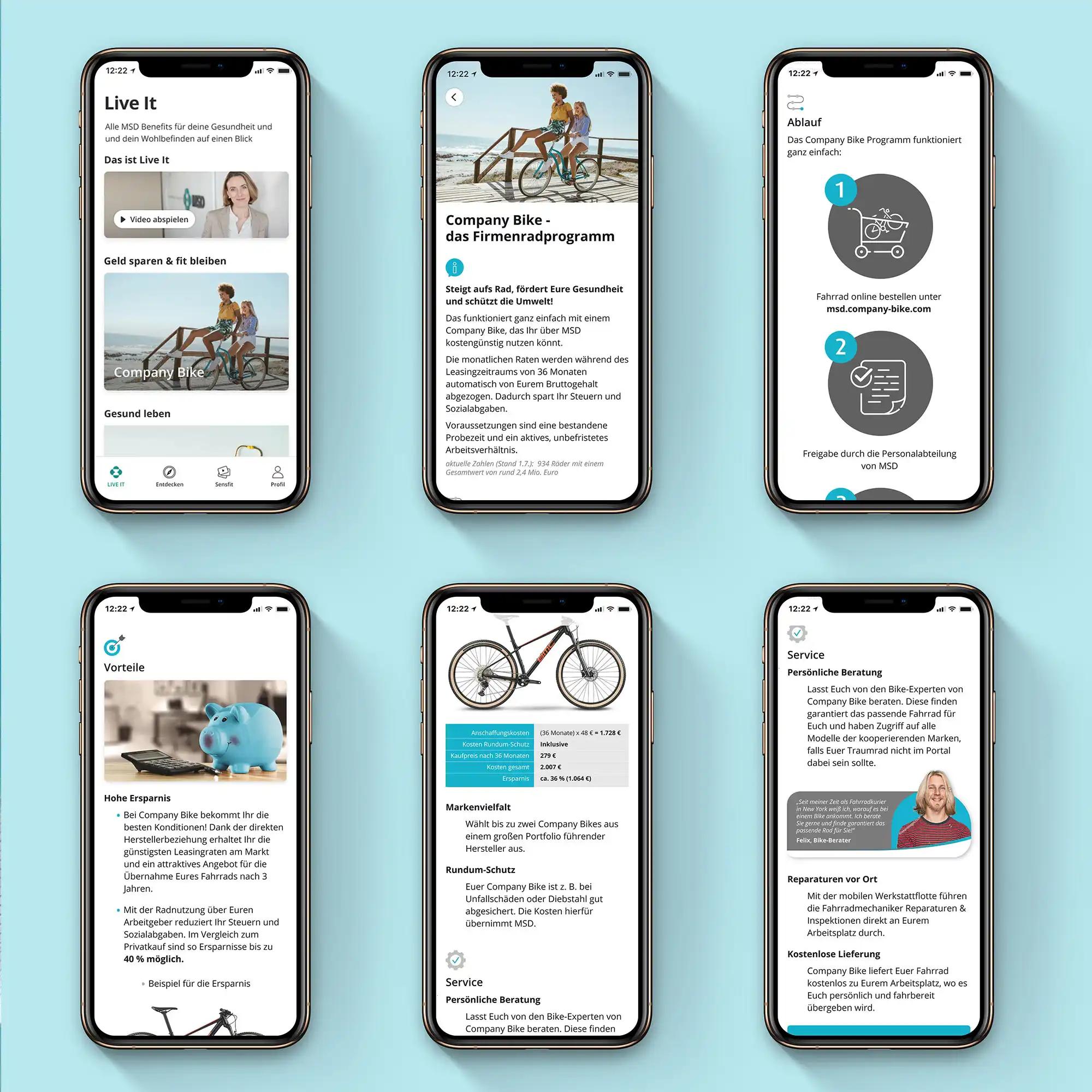 Conjunto de pantallas de la app de beneficios con el programa Company Bike diseñadas por Elkoko