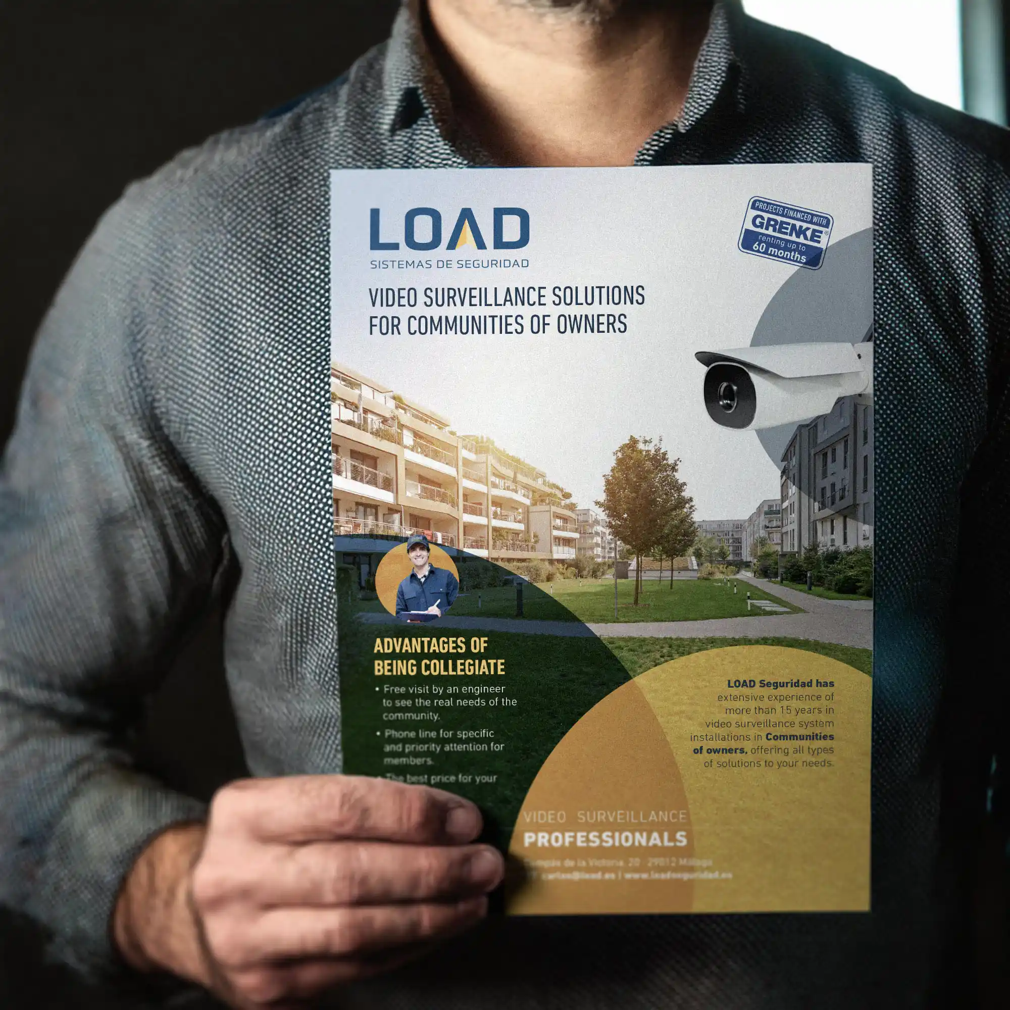 Portada del flyer en inglés de LOAD Sistemas de Seguridad sobre videovigilancia para comunidades de propietarios