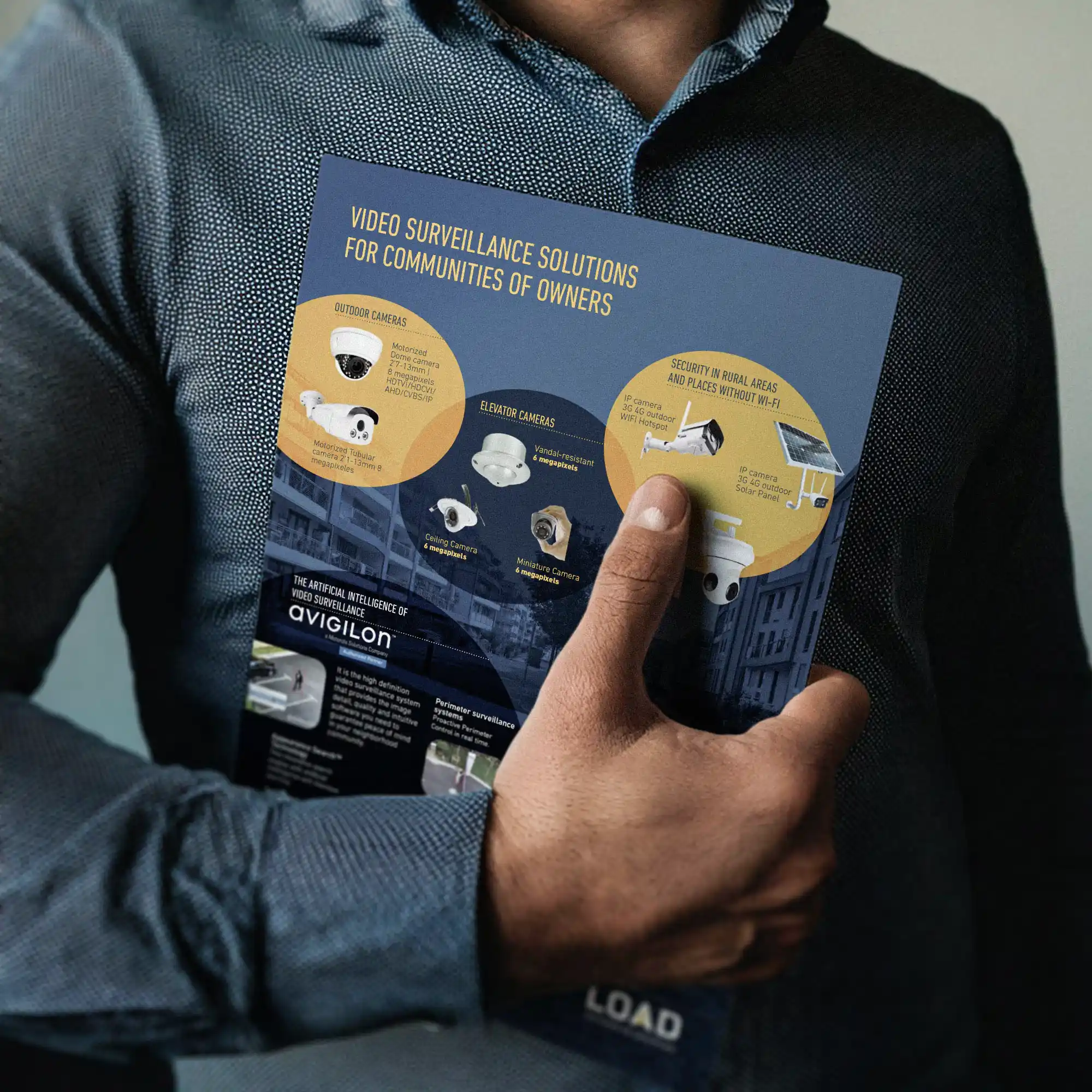 Reverso del flyer en inglés de LOAD Sistemas de Seguridad con las cámaras y sistemas de videovigilancia