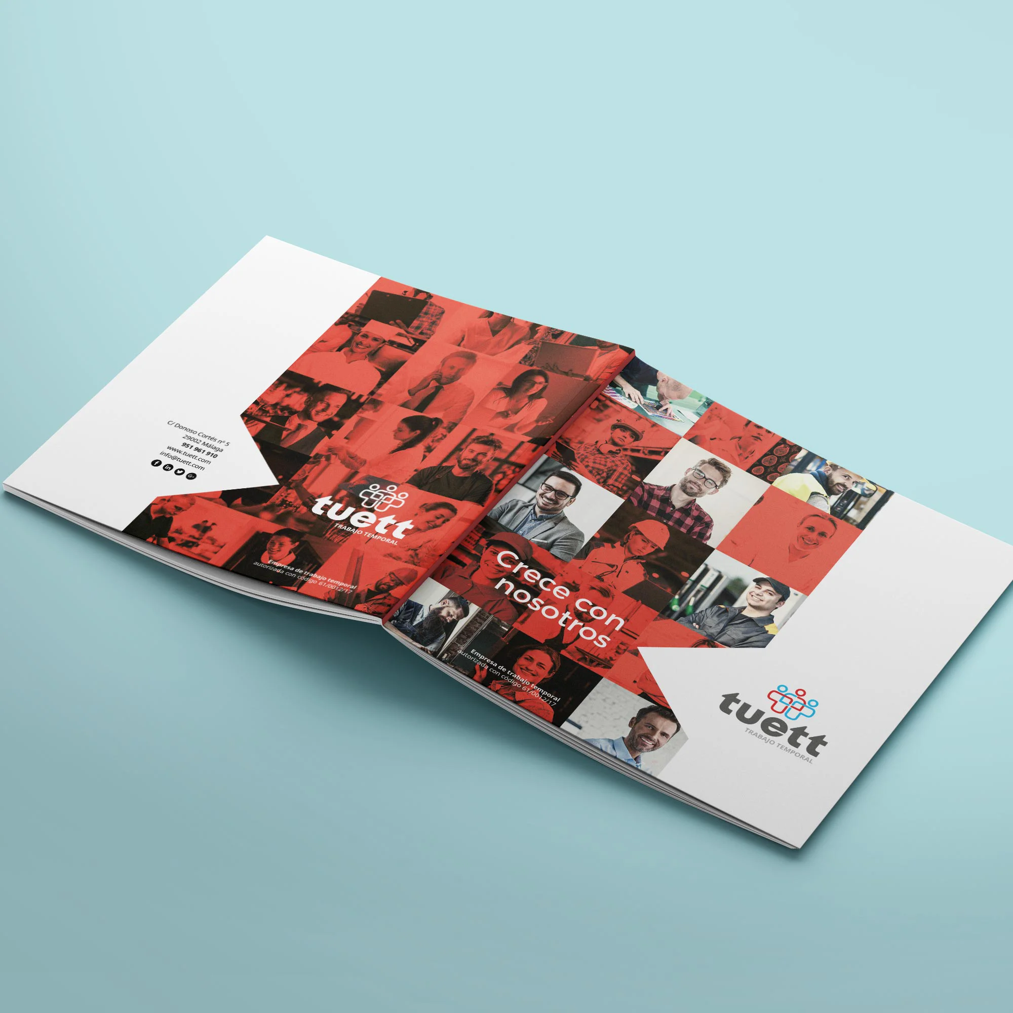 Portada y contraportada abiertas del dossier corporativo de TuETT con el lema Crece con nosotros