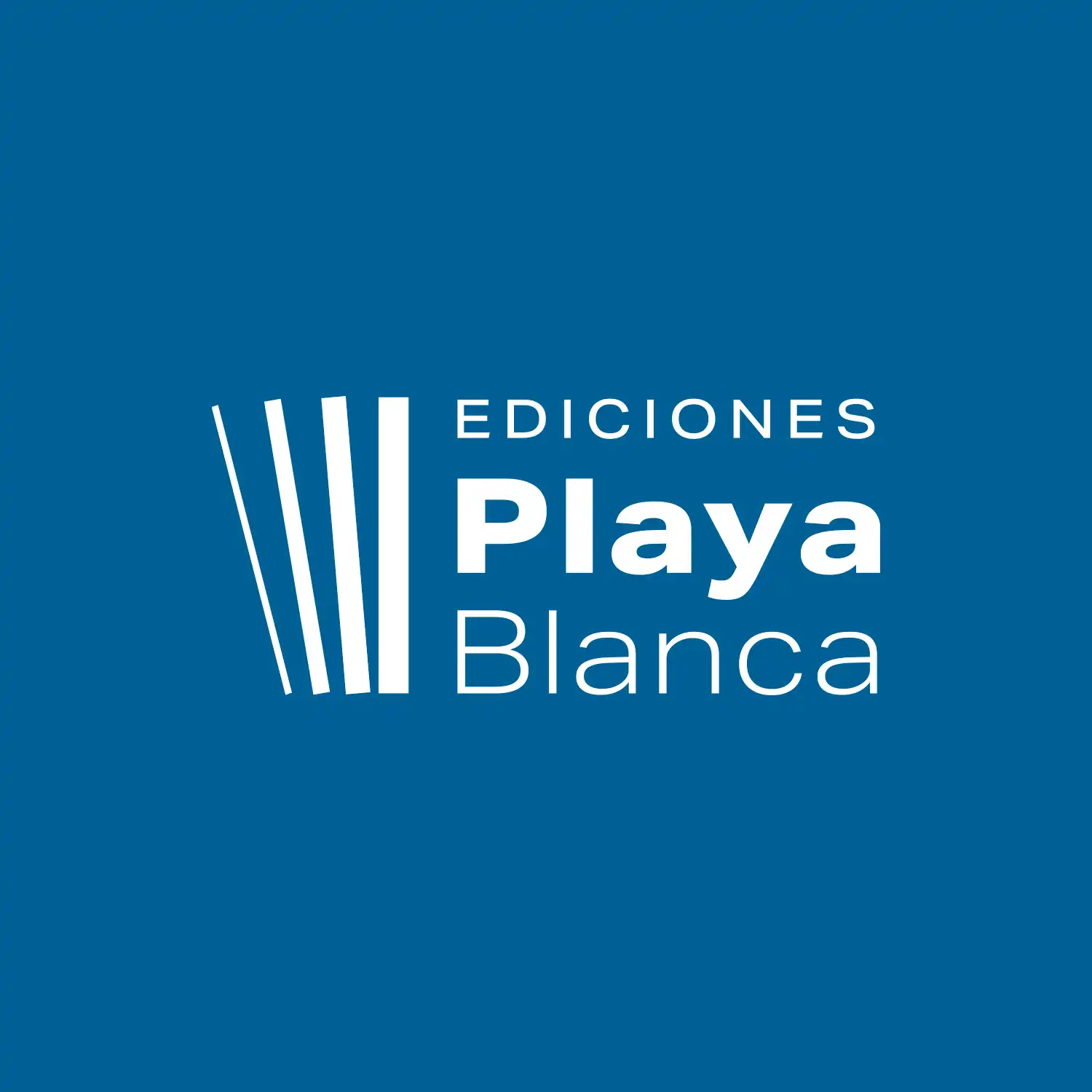 Logotipo en versión reversa sobre fondo azul, diseño de marca Ediciones Playa Blanca
