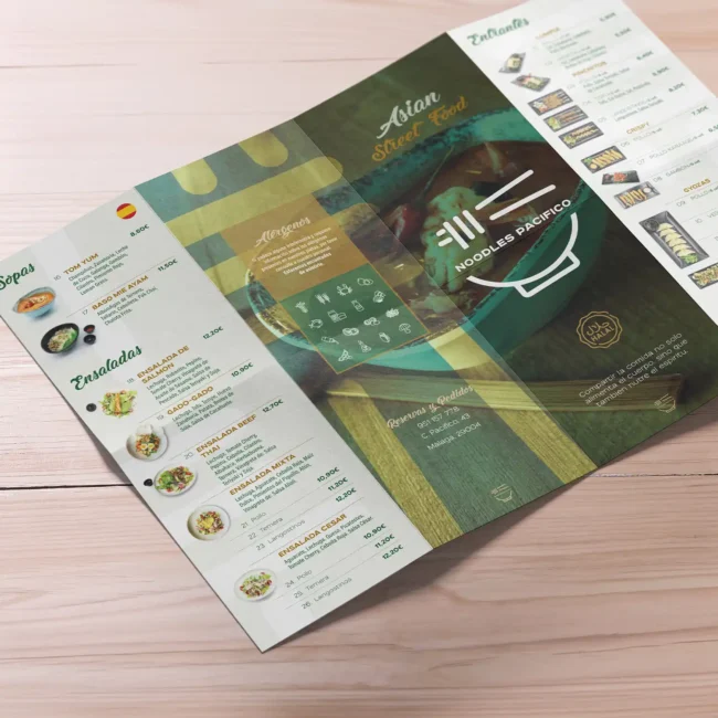 Diseño de carta cuadríptico para restaurante asiático, detalle de portada Noodles Pacifico