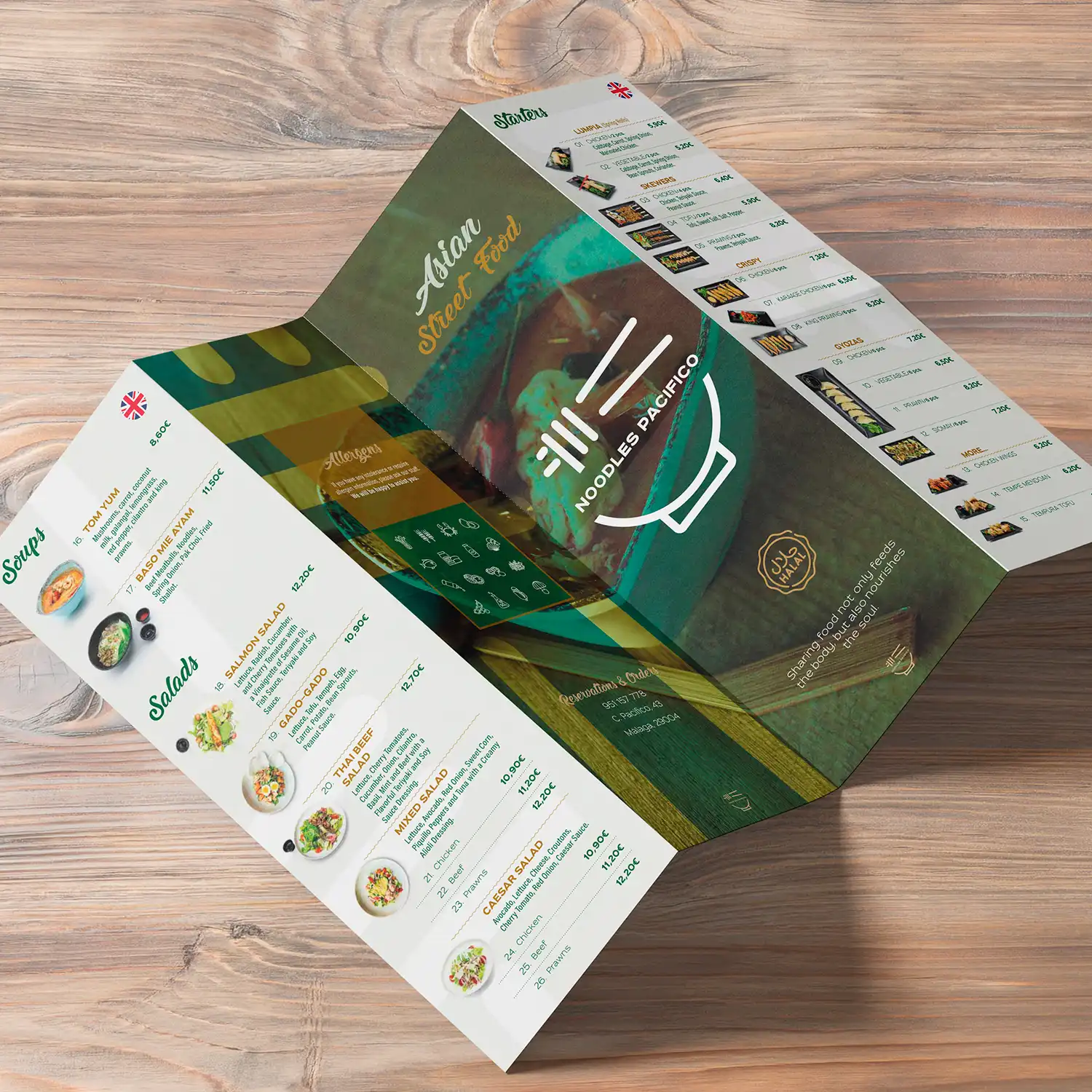 Diseño de carta cuadríptico bilingüe para restaurante de comida asiática Noodles Pacifico
