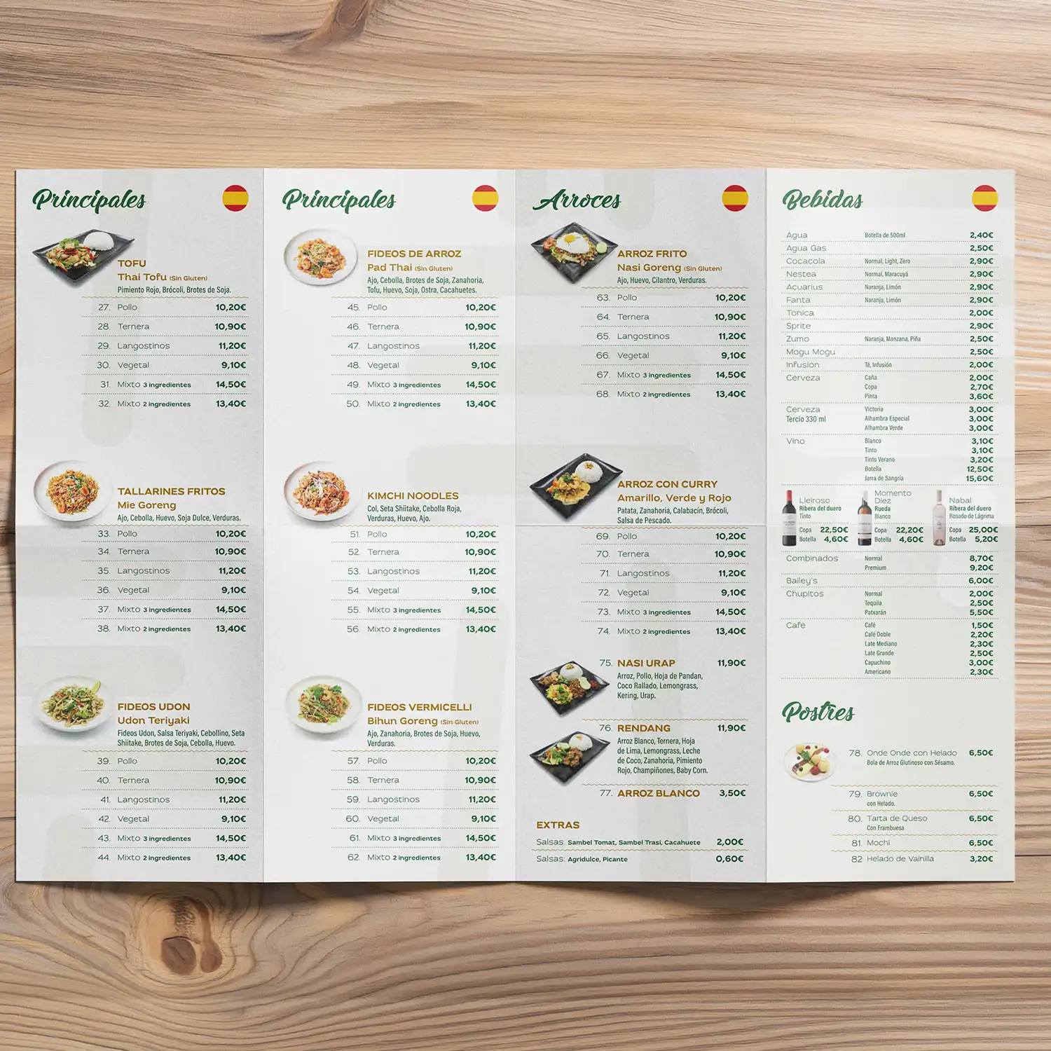 Diseño de carta con platos principales y arroces para restaurante asiático Noodles Pacifico