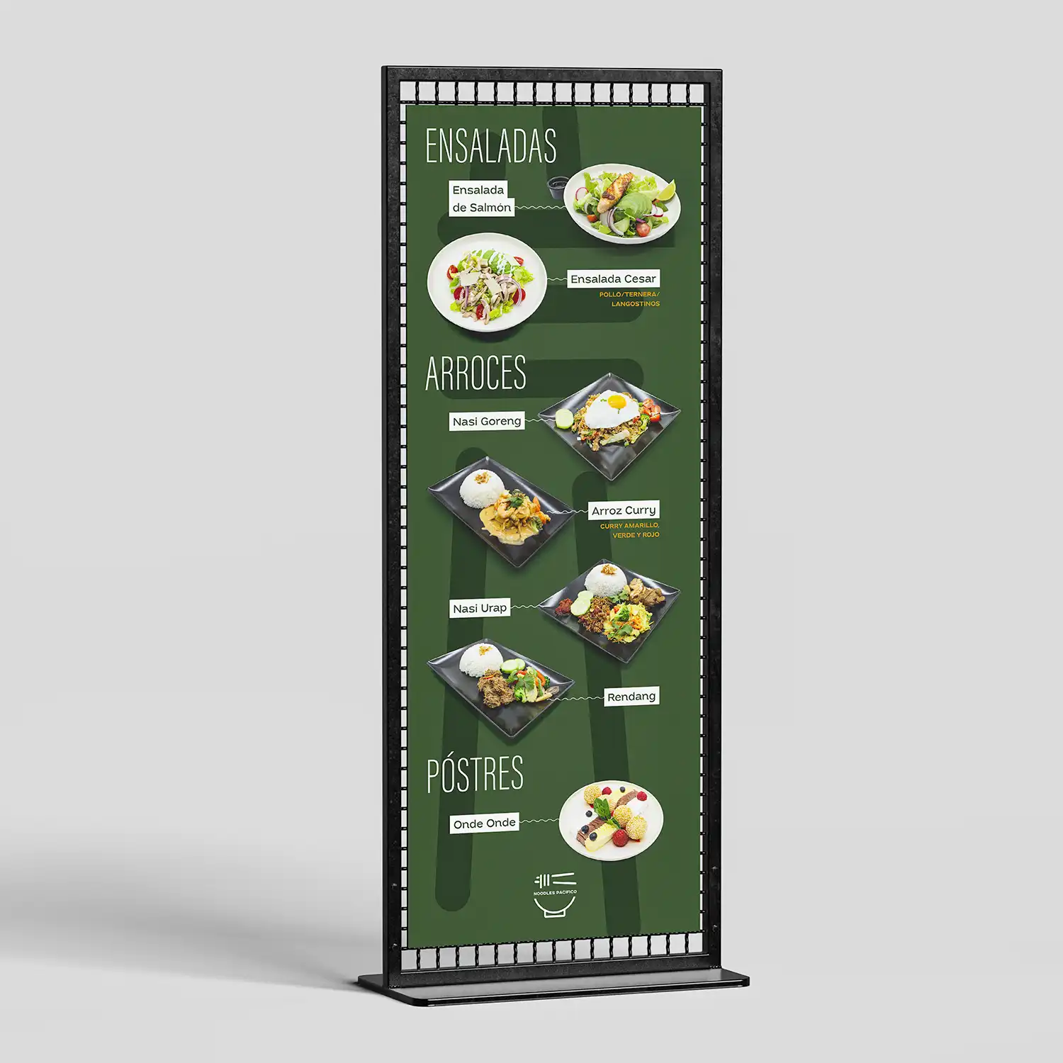 Diseño de roll-up de ensaladas y arroces para restaurante asiático Noodles Pacifico