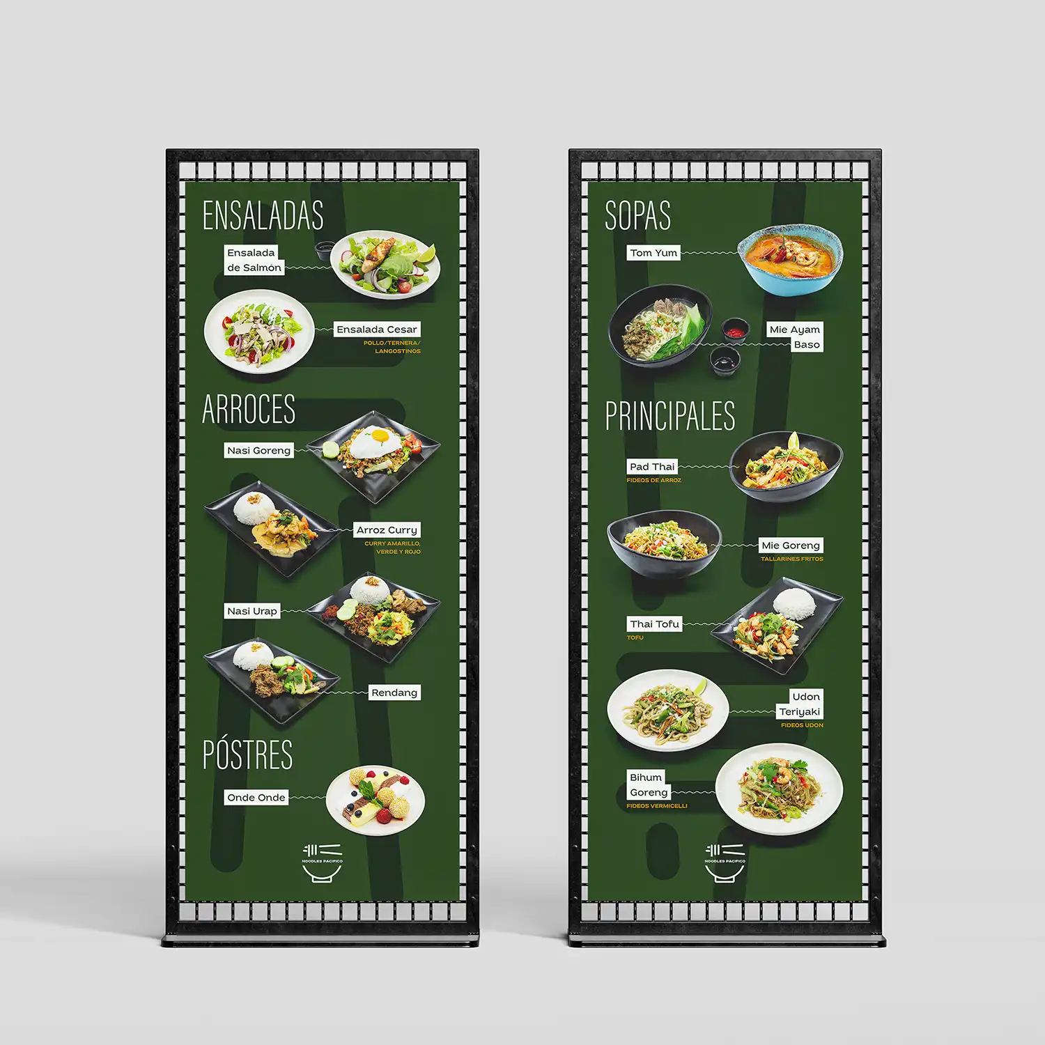 Diseño de roll-ups de carta para restaurante asiático Noodles Pacifico